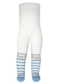 Weiße und blaue gestreifte Strumpfhosen mit einem weichen, plüschigen Tiergesicht-Motiv im unteren Bereich. Hergestellt aus dehnbarem, bequemem Material.