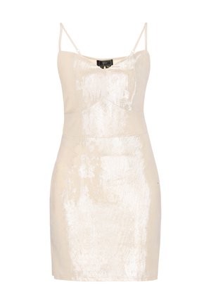 Krém színű, ujjatlan miniruha vékony spagettipántokkal és testhezálló sziluettel.