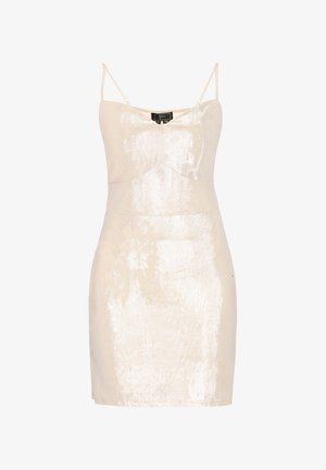 Krém színű, ujjatlan miniruha vékony spagettipántokkal és testhezálló sziluettel.