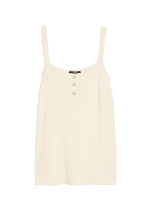 Biały pleciony top na ramiączkach z regulowanymi paskami, posiadający okrągły dekolt, trzy ozdobne guziki oraz teksturowaną powierzchnię.