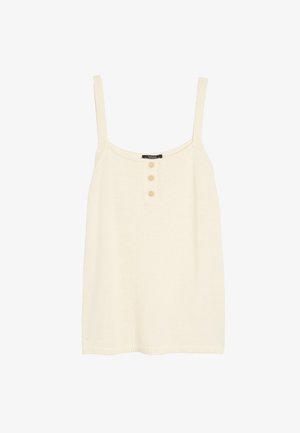 Biały pleciony top na ramiączkach z regulowanymi paskami, posiadający okrągły dekolt, trzy ozdobne guziki oraz teksturowaną powierzchnię.