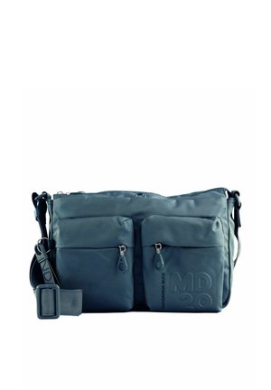 Sac bandoulière bleu avec deux poches avant zippées, sangle réglable et tissu texturé, sur fond blanc.