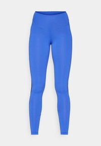 Siniset korkeavyötäröiset legginssit, jotka on valmistettu joustavasta kankaasta, ja niissä on sileä pinta sekä slim fit -leikkaus. Mustia yksityiskohtia sivuilla.