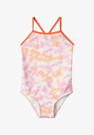 Bañador con un patrón de estampado tie-dye en tonos rosa y durazno, que presenta tirantes cruzados en naranja y un tejido suave y elástico.