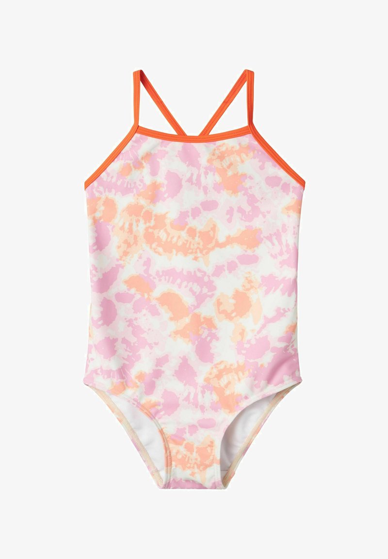 Kostium kąpielowy z wzorem tie-dye w odcieniach różu i brzoskwini, z krzyżującymi się pomarańczowymi ramiączkami i gładkim, elastycznym materiałem.