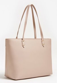 Sac fourre-tout rose pâle en simili cuir texturé, avec deux longues poignées, des finitions en métal doré et une conception structurée.