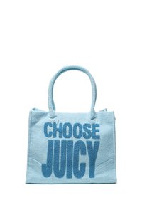 Ljusblå handdukstyg väska med texten "VÄLJ SAAFTIG" i fet blå stil. Rundade handtag och en strukturerad form med sydda kanter.