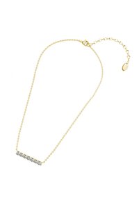 Collana in oro con pendente a barra dritta caratterizzato da cinque gemme trasparenti. La catena è delicata con chiusura a granchio e lunghezza regolabile.