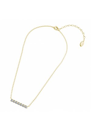 Collana in oro con pendente a barra dritta caratterizzato da cinque gemme trasparenti. La catena è delicata con chiusura a granchio e lunghezza regolabile.
