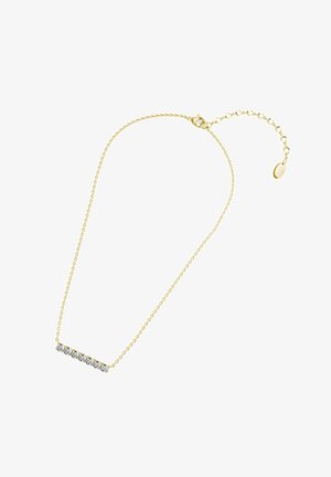 Collana in oro con pendente a barra dritta caratterizzato da cinque gemme trasparenti. La catena è delicata con chiusura a granchio e lunghezza regolabile.