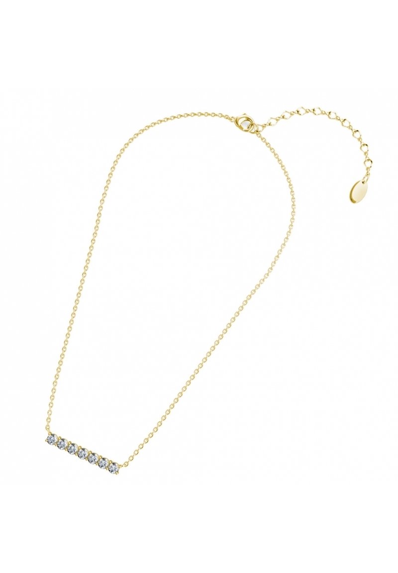 Collana in oro con pendente a barra dritta caratterizzato da cinque gemme trasparenti. La catena è delicata con chiusura a granchio e lunghezza regolabile.