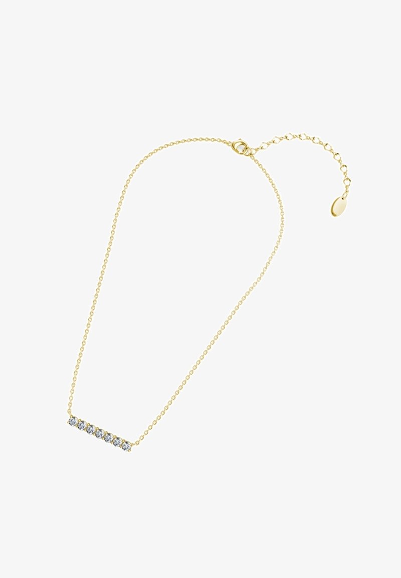 Gouden ketting met een rechte staafpendant met vijf heldere edelstenen. De ketting is delicaat, met een kreeftsluiting en verstelbare lengte.