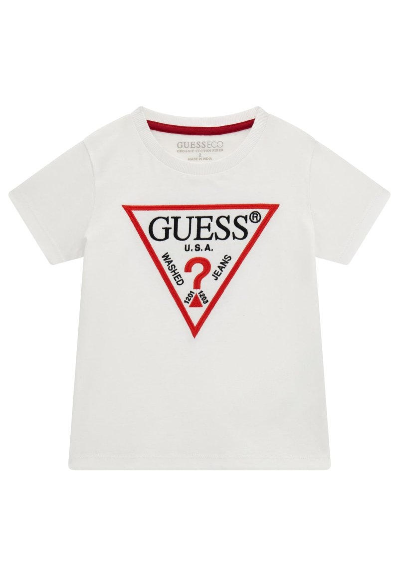 Biała koszulka z krótkim rękawem wykonana z bawełny organicznej. Posiada czerwone logo w kształcie trójkąta z napisem "GUESS®" oraz "WASHED JEANS" na czarnym tle.