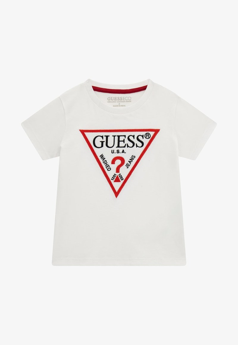 Biała koszulka z krótkim rękawem wykonana z bawełny organicznej. Posiada czerwone logo w kształcie trójkąta z napisem "GUESS®" oraz "WASHED JEANS" na czarnym tle.