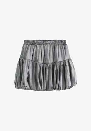 Szara spódnica z elastycznym pasem, o marszczonym, puffowanym kroju i miękkiej teksturze, z plisami, które nadają objętość u dołu.