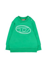 Felpa verde in cotone con logo ovale bianco sulla parte anteriore, polsini a costine e bottoni a pressione sulla spalla per una facile vestibilità.