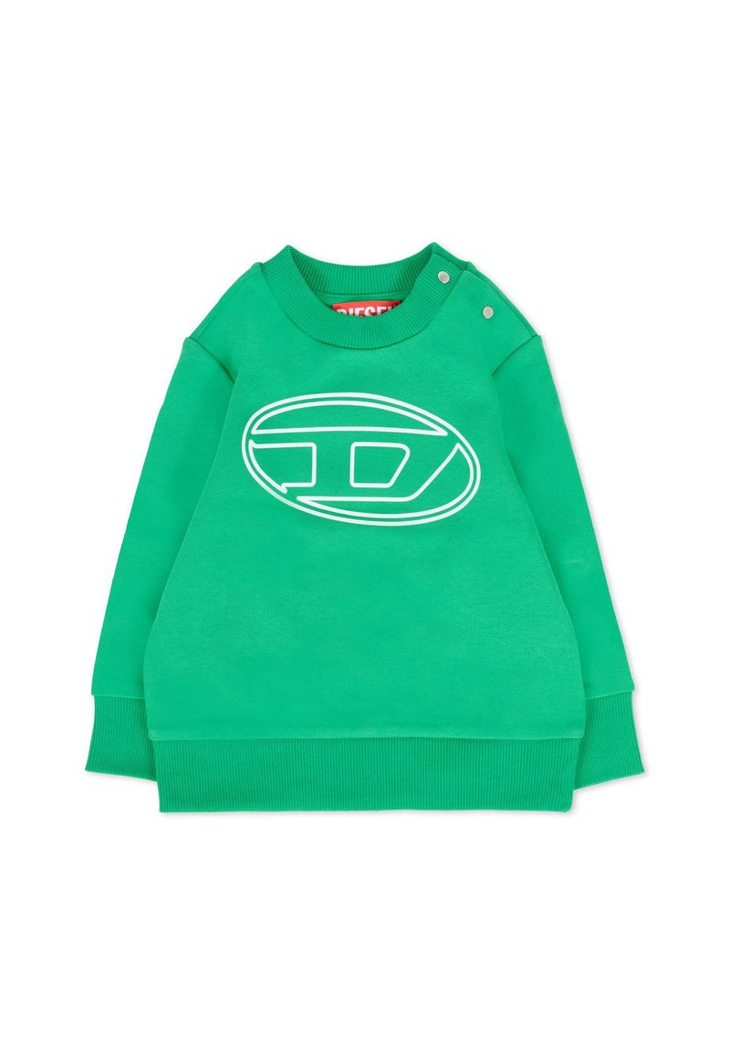 Felpa verde in cotone con logo ovale bianco sulla parte anteriore, polsini a costine e bottoni a pressione sulla spalla per una facile vestibilità.