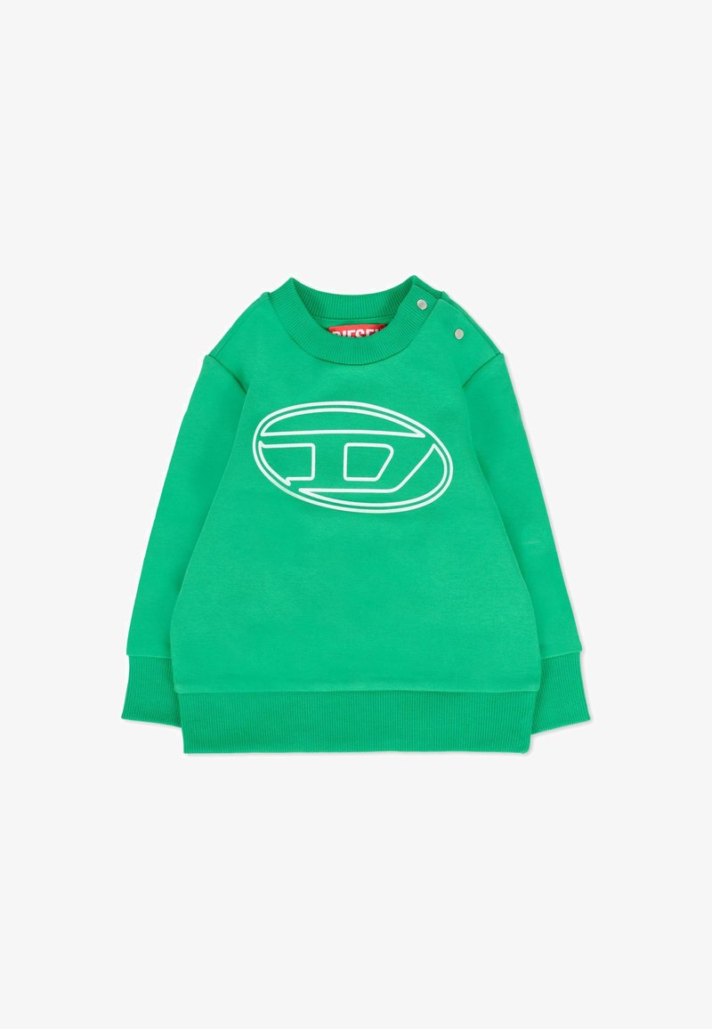 Felpa verde in cotone con logo ovale bianco sulla parte anteriore, polsini a costine e bottoni a pressione sulla spalla per una facile vestibilità.