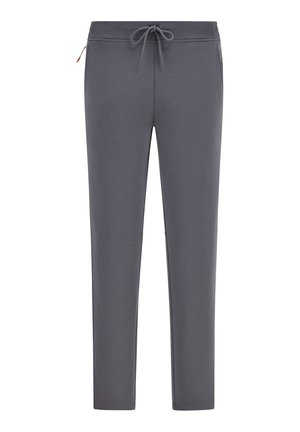 Gray athletic pants made of soft fabric with a drawstring waist, tapered legs, and side pockets, offering a smooth texture and simple design.