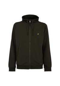 Felpa con zip di colore verde oliva scuro, con una texture uniforme, cappuccio e tasche frontali. Presenta un piccolo logo giallo ricamato sul petto.
