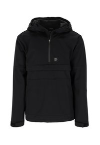 Zwarte pulloverjack met een half-rits ontwerp, verstelbare capuchon en een logo-patch. Heeft een gestructureerd, glad materiaal met elastische manchetten.