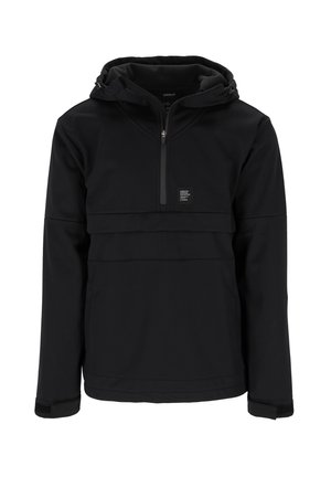 Schwarze Pulloverjacke mit halbseitigem Reißverschluss, verstellbarem Kapuze und einem Logo-Patch. Sie verfügt über ein strukturiertes, glattes Material mit elastischen Bündchen.