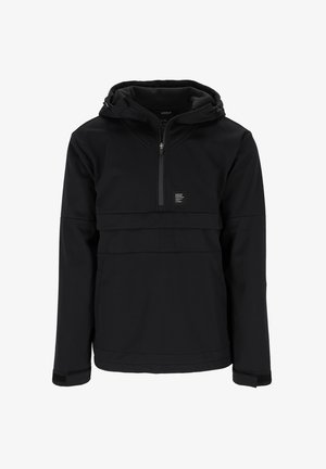 Schwarze Pulloverjacke mit halbseitigem Reißverschluss, verstellbarem Kapuze und einem Logo-Patch. Sie verfügt über ein strukturiertes, glattes Material mit elastischen Bündchen.