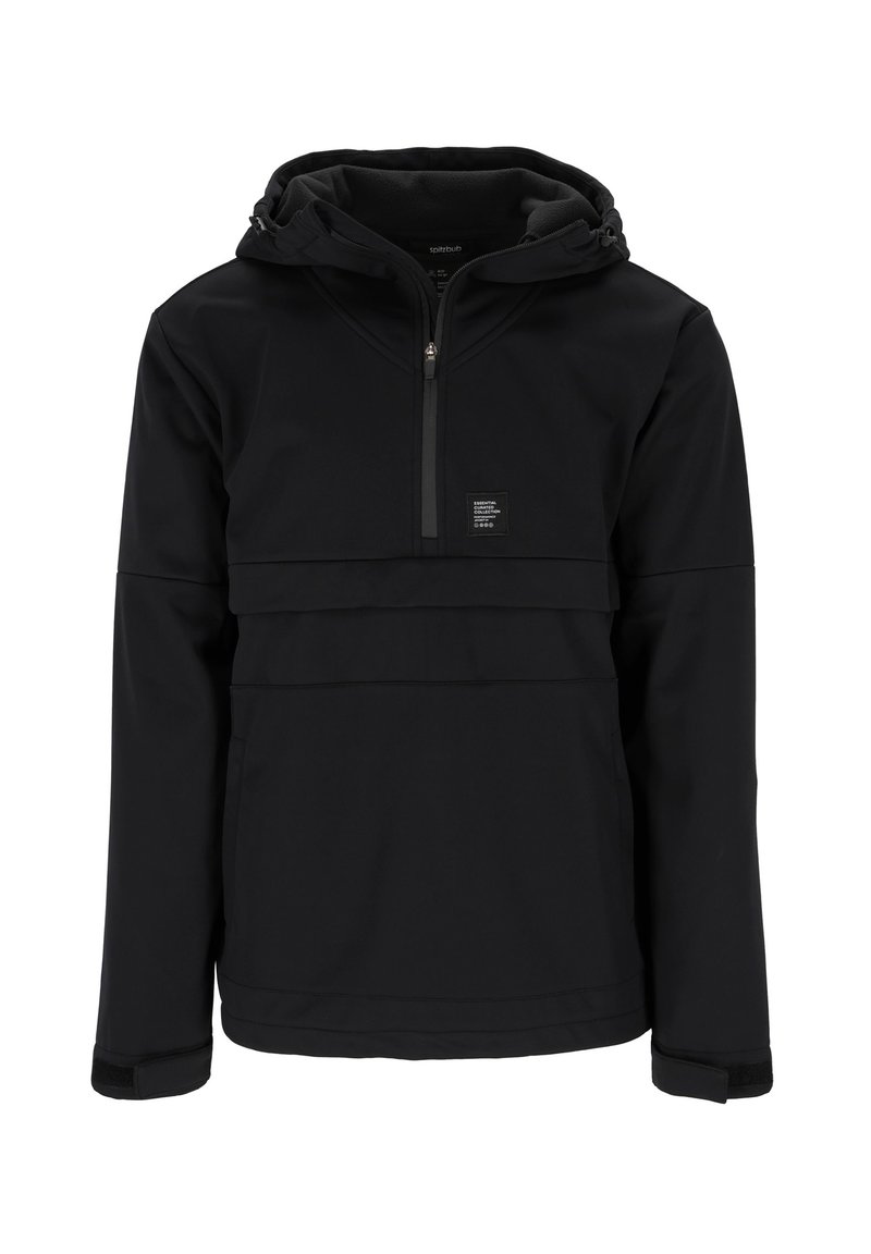 Zwarte pulloverjack met een half-rits ontwerp, verstelbare capuchon en een logo-patch. Heeft een gestructureerd, glad materiaal met elastische manchetten.