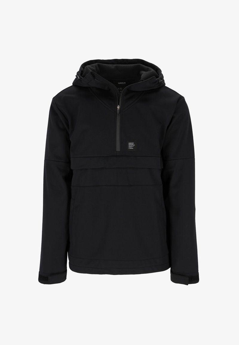 Zwarte pulloverjack met een half-rits ontwerp, verstelbare capuchon en een logo-patch. Heeft een gestructureerd, glad materiaal met elastische manchetten.