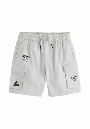 Light gray cargo shorts with an elastic waistband and drawstring. Features two large side pockets and printed details on fabric.
