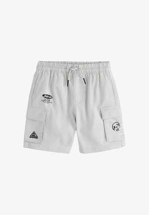Hellgraue Cargo-Shorts mit elastischem Bund und Kordelzug. Verfügen über zwei große Seitentaschen und bedruckte Details auf dem Stoff.