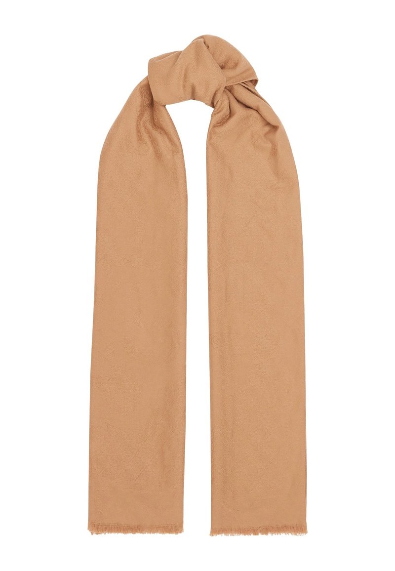 Sciarpa beige morbida realizzata in materiale leggero, caratterizzata da un design semplice, forma allungata e estremità frangiate.