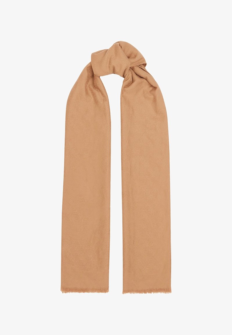 Sciarpa beige morbida realizzata in materiale leggero, caratterizzata da un design semplice, forma allungata e estremità frangiate.