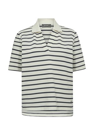 Polo-Shirt mit kurzen Ärmeln in Creme mit dunkelblauen horizontalen Streifen. Verfügt über einen V-Ausschnitt und seitliches Logo-Detail, glattes, strukturiertes Material.