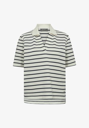 Polo-Shirt mit kurzen Ärmeln in Creme mit dunkelblauen horizontalen Streifen. Verfügt über einen V-Ausschnitt und seitliches Logo-Detail, glattes, strukturiertes Material.