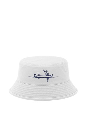 White bucket hat with a small navy blue illustration of a bear paddling a canoe with a duck inside on the front.