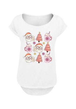White shirt with pattern of Santa faces wearing peace sign glasses, pink Christmas trees, pink mugs with snowflakes, stars, and snowflakes.