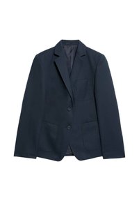 Námořnický blazer vyrobený z hladkého materiálu, s klopovým límcem, dvěma knoflíky, náprsní kapsou a dvěma předními kapsami. Jednoduchý design, bez vzorů.