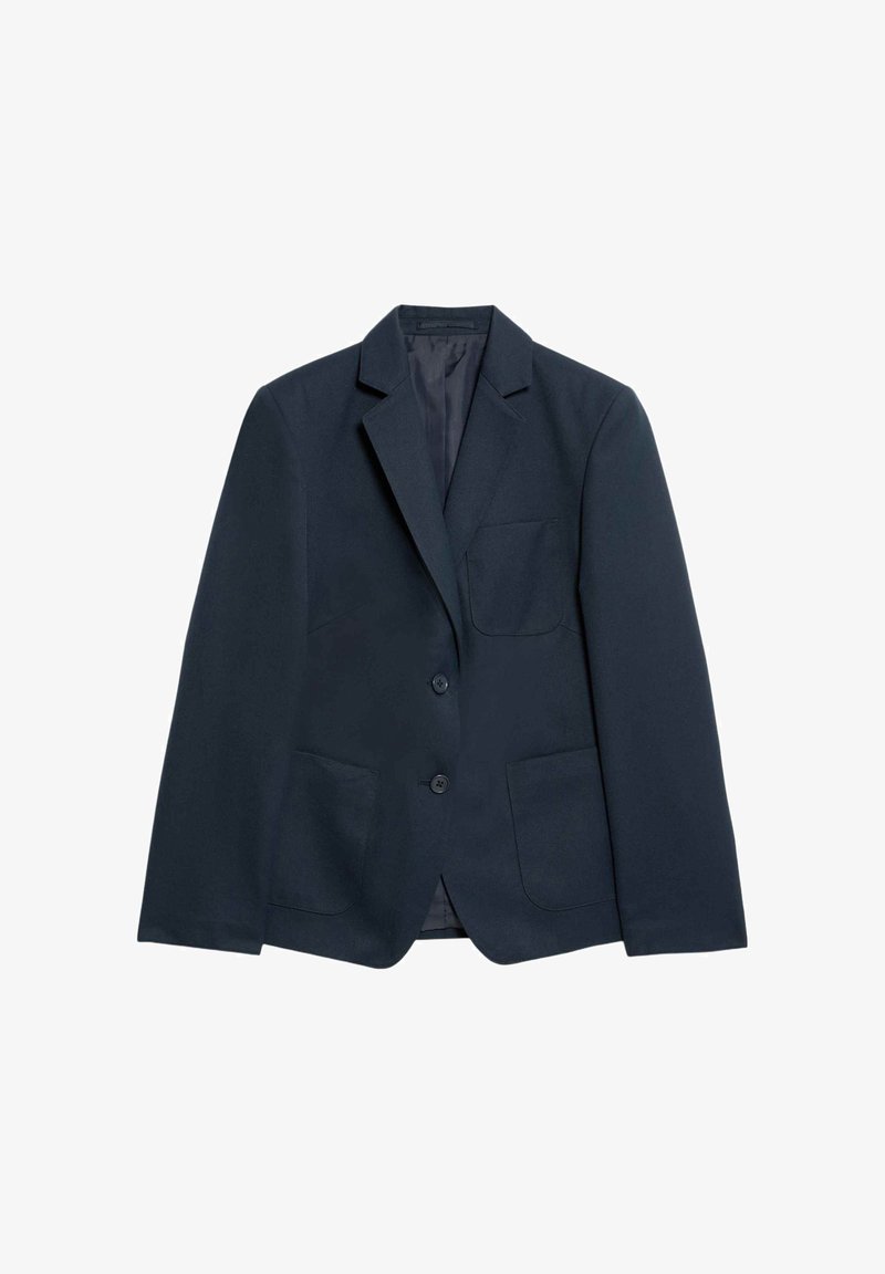 Námořnický blazer vyrobený z hladkého materiálu, s klopovým límcem, dvěma knoflíky, náprsní kapsou a dvěma předními kapsami. Jednoduchý design, bez vzorů.