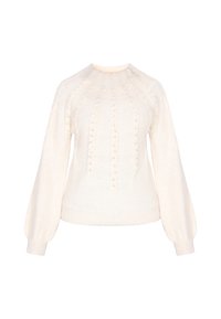 Maglione a maglia color crema con collo rotondo, motivi a treccia e maniche a sbuffo. Il tessuto appare morbido con una finitura testurizzata.