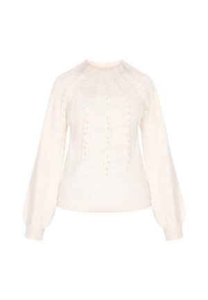 Crème-kleurige gebreide sweater met een ronde hals, kabelpatronen en pofmouwen. De stof lijkt zacht met een textuurafwerking.