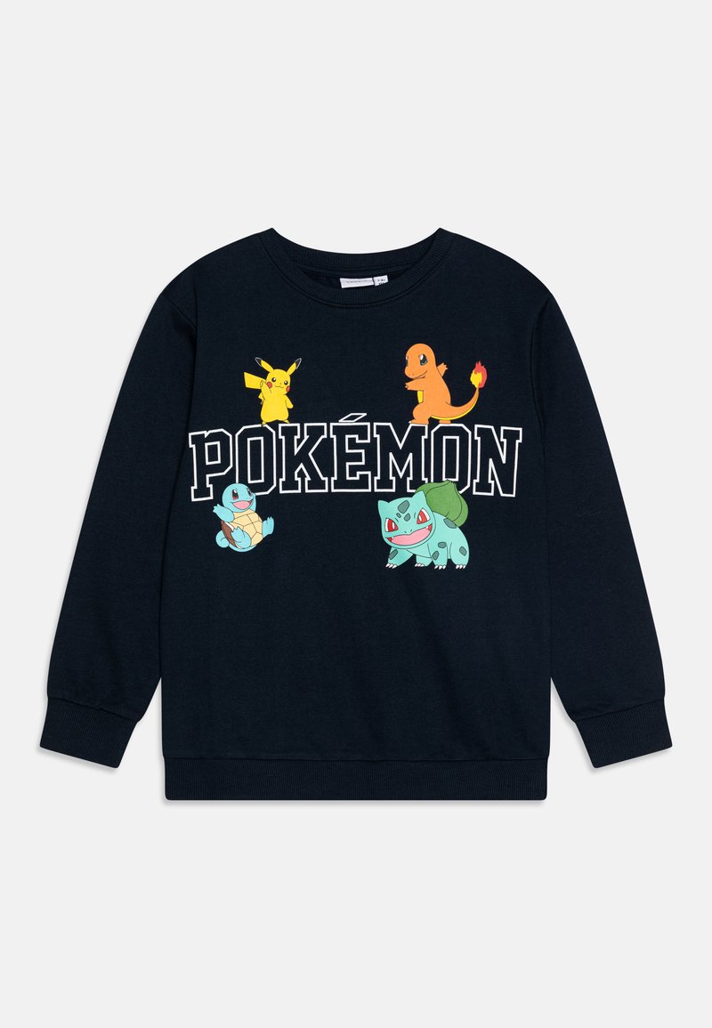 Marineblaues Sweatshirt mit Rundhalsausschnitt, langen Ärmeln und bunten Pokémon-Grafiken: Pikachu, Charmander, Schiggy und Bisasam.