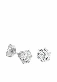Orecchini a bottoncino in diamante rotondo montati in argento. Ogni orecchino presenta una montatura a quattro griffe e una superficie lucida per un effetto scintillante.