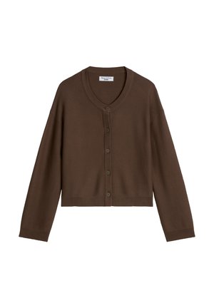 Braune langärmelige, kurz geschnittene Strickjacke mit rundem Ausschnitt und fünf Knöpfen vorne, mit dem Etikett Marc O’Polo Denim.