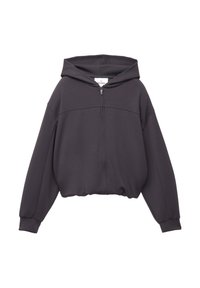 Felpa con zip di colore grigio scuro, con cappuccio, caratterizzata da una texture liscia, vestibilità comoda e polsini a costine. Design minimalista senza motivi o dettagli visibili.