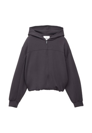 Dunkelgrauer Reißverschluss-Hoodie mit Kapuze, der eine glatte Textur, eine lockere Passform und gerippte Bündchen aufweist. Minimalistisches Design ohne sichtbare Muster oder Akzente.