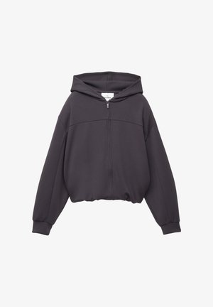 Tummanharmaa vetoketjullinen huppari, jossa on hupullinen malli, sileä pinta, löysä istuvuus ja ribbausvarsuneet hihat. Minimalistinen muotoilu ilman näkyviä kuvioita tai yksityiskohtia.