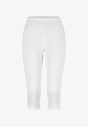 Witte cropped leggings met elastische tailleband, gemaakt van glad, rekbaar materiaal, getoond tegen een effen achtergrond.
