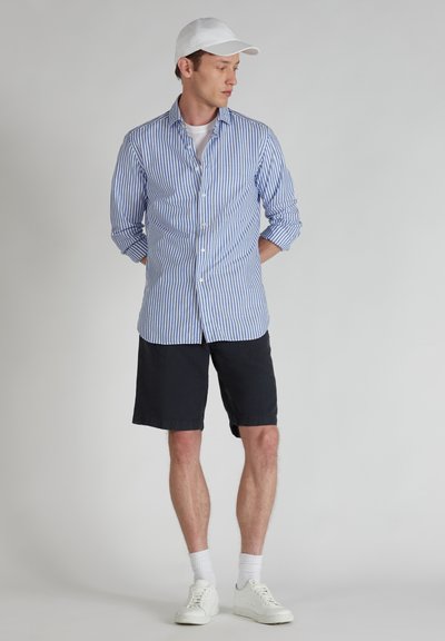 Camisa de botones a rayas en azul y blanco, combinada con pantalones cortos oscuros hasta la rodilla. Una gorra blanca y zapatillas deportivas completan el look. Diseño simple.