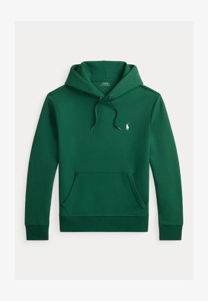Ciemnozielona bluza z kapturem, przednią kieszenią na brzuchu, regulowanym ściągaczem w kapturze oraz małym białym logo Polo Ralph Lauren na piersi.